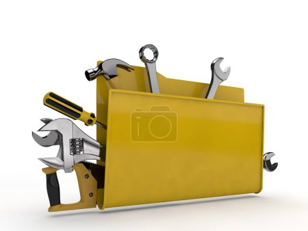 Yellow envelope e-mail with the tool kit, wrenches, screwdrivers, a hammer and a saw. Internet service, computer repair. 3D rendering, isolated illustration, image on white background.