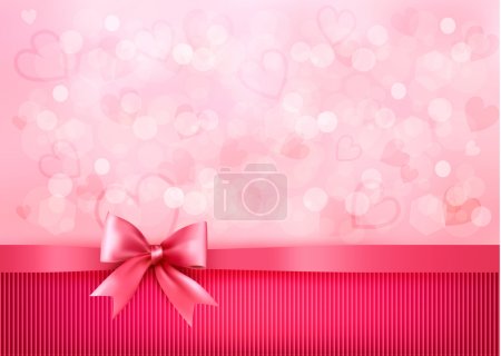Holiday background with gift pink bow and ribbon. Valentines Day