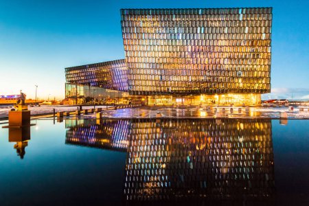 Reykjavk, Iceland, February 2017 : Harpa Concert Hall view during blue hour which is a concert hall and conference centre