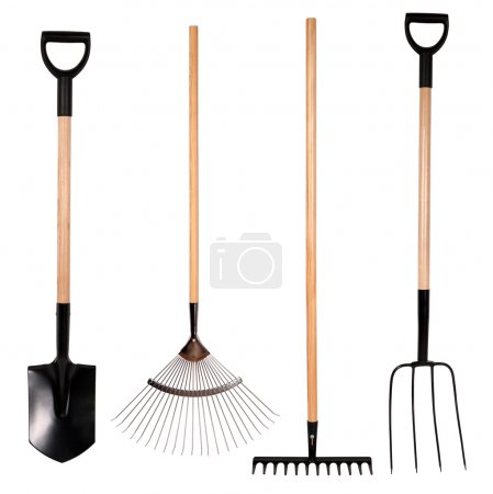 Gardening tools, spade, fork and rake isolated on white background