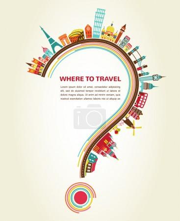Where to Travel, question mark with tourism icons and elements