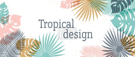 Horizontal Tropical header in pastel colors. Summer tropical design with exotic palm leaves. Monstera, palm, banana leaves. Exotic botanical design. Summer jungle web banner. Vector illustration