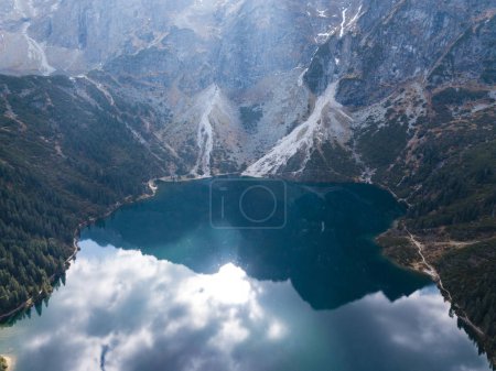 Famous polish landscape - spectacular aerial view to mountain lake Morskie Oko, Tatra Mountains, Poland