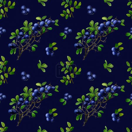 Seamless watercolor pattern with blueberry branchlets, blueberry and leaves isolated on a dark blue background 