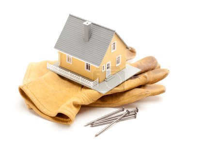 House, Gloves and Nails on White