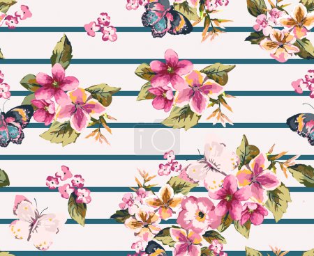 butterfly with floral seamless pattern on stripe background