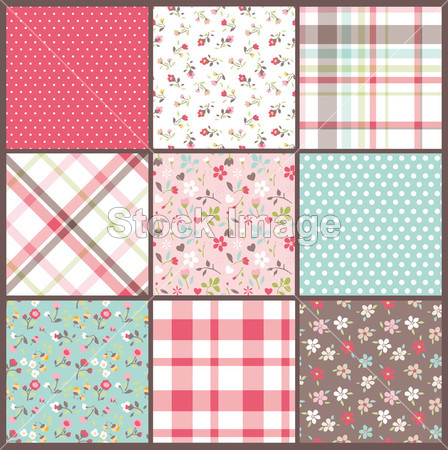 Set of nine orated seamless cute tiny floral,flowers with check and dots texture vector background