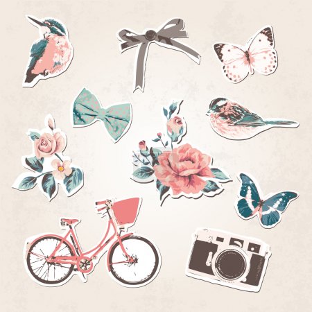 vintage things set-birds,bows,flow ers,bike,camera,but terflies on grunge background