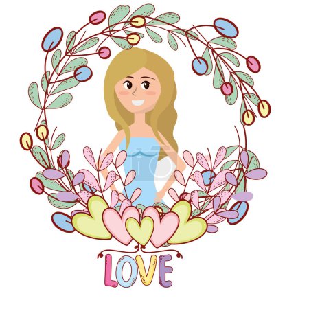 young woman floral frame cartoon