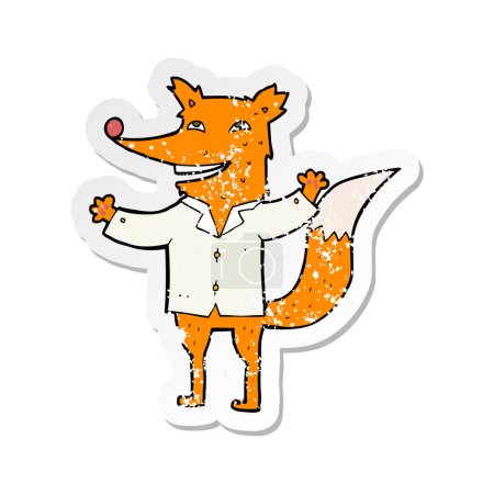 retro distressed sticker of a cartoon happy fox wearing shirt