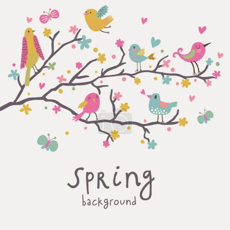 Spring background. Stylish illustration in vector. Cute birds on branches. Light romantic card. Can be used for wedding invitation.