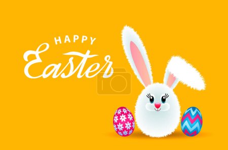 Easter holiday greeting card with easter bunny, eggs and hand lettering. vector