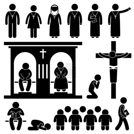 Christian Religion Culture Tradition Church Prayer Priest Pastor Nun Stick Figure Pictogram Icon