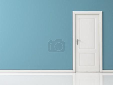 Closed White Door on Blue Wall, Reflective Floor
