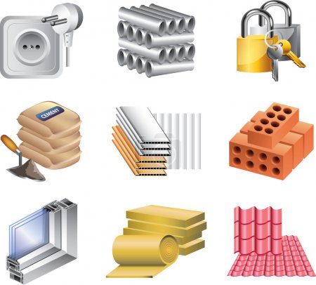 Building materials icons detailed set