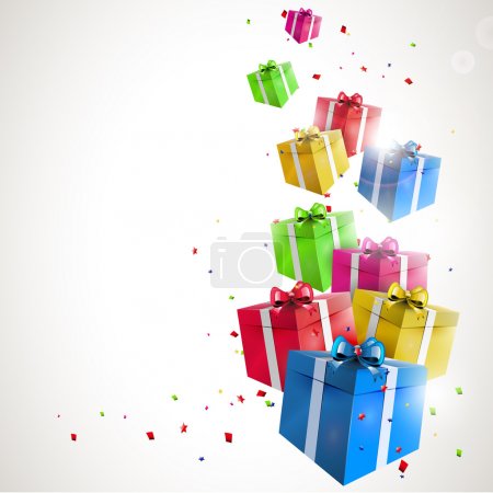 Modern birthday background with flying colorful gifts