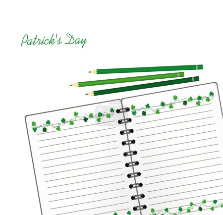 Notebook with template hand-drawn Green festive bunting with clover and pencil. Irish holiday - Happy St. Patrick's Day with a garland of three-leaf. Greeting card on holiday. Vector.