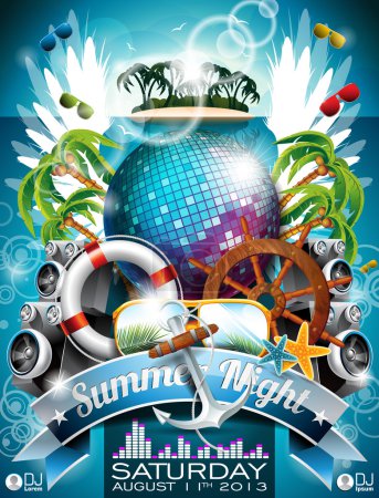 Vector Summer Beach Party Flyer Design with disco ball and shipping elements on tropical background.