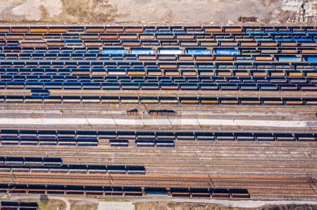 Cargo trains. Aerial view of colorful freight trains on the rail