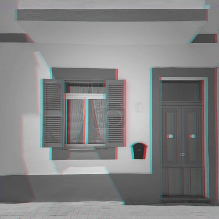 Building with door and window and digital signal glitch effect
