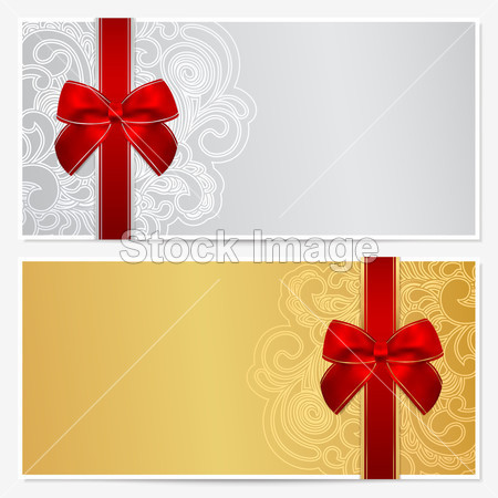 Voucher, Gift certificate, Coupon template with border, frame, bow (ribbons). Background design for invitation, banknote, money design, currency, check (cheque). Vector in gold, silver colors