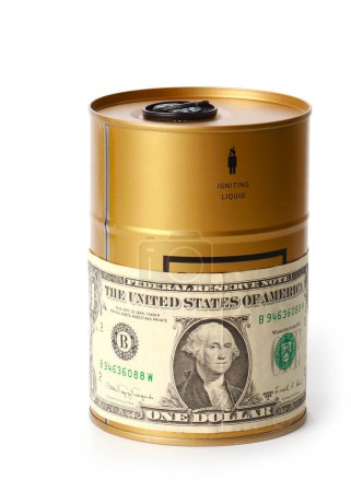 a barrel of oil and a dollar bill label