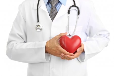 Medical doctor holding heart isolated on white