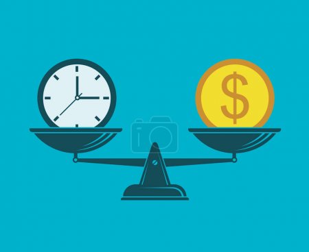 illustration of time is money on scales isolated on blue background