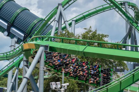 Orlando, Florida. August 07, 2019. People having fun amazing The Incredible Hulk rollercoaster , during vacation summer at Island of Adventure 13.