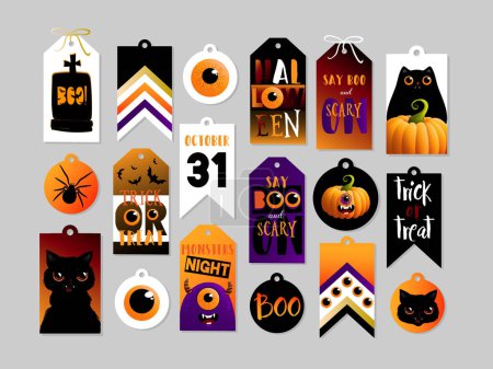Set of halloween gift tags. Cute and scary label, badges templates. Printable greeting cards. Vector illustrations