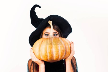 Halloween Witch with a Pumpkin. Happy Halloween Stickers. Halloween holiday concept. Ready for text, slogan or product.