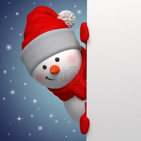 Cute funny snowman holding white page, 3d character, hiding behind the corner