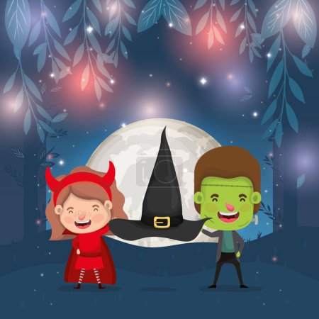 halloween card with kids costumed in dark night scene
