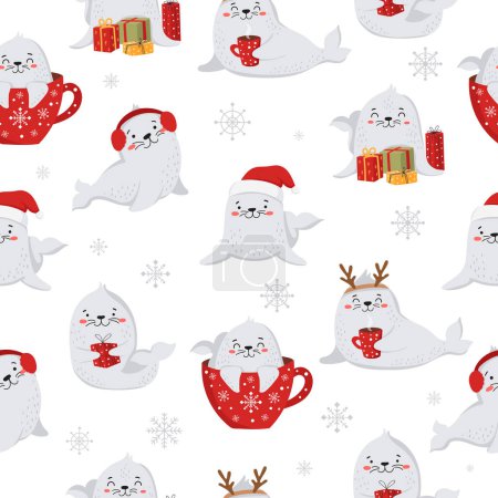 Seamless pattern for Christmas and New Year with cute seals. Vec