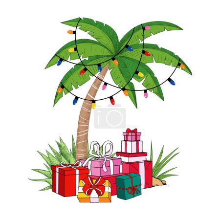 Palm tree with a garland of light bulbs and a variety of gifts. Tropical beach Christmas. Festive vector illustration.