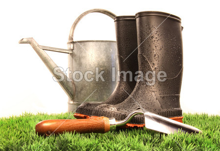 Garden boots with tool and watering can