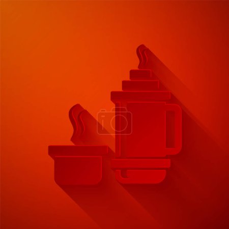 Paper cut Thermos container icon isolated on red background. Thermo flask icon. Camping and hiking equipment. Paper art style. Vector Illustration