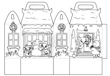 Printable Coloring gift house with happy holiday rats for children