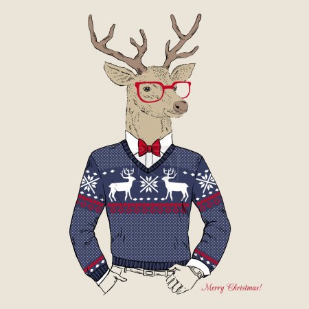 Deer Hipster in Jacquard Sweater, Merry Christmas Card