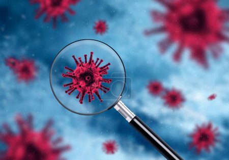 Healthcare concept with magnifying glass showing red virus bacteria