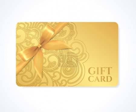 Gift coupon, gift card (discount card, business card) with floral (scroll, swirl) gold swirl pattern (tracery), bow (ribbon). Holiday background design for invitation, ticket. Vector