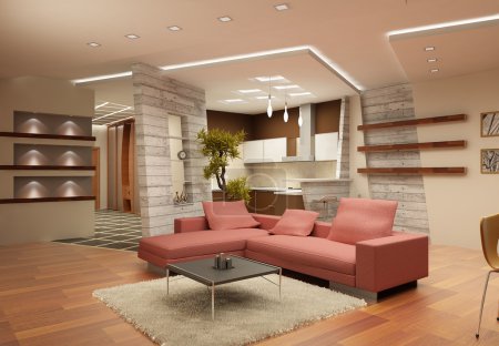 Modern interior of a drawing room in light tones with a kind on kitchen. 3d