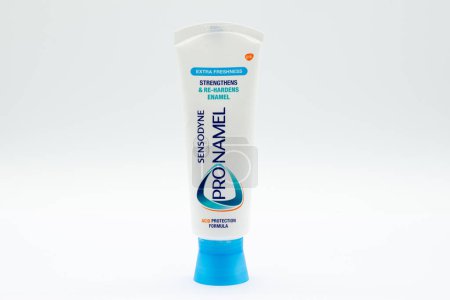 Largs, Scotland, UK - March 11, 2020: Sensodine branded Pronamel tooth paste in recyclable plastic tube.