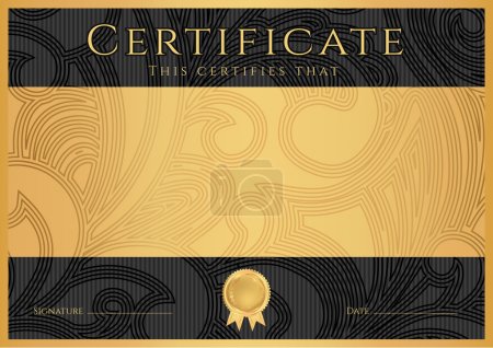 Certificate, Diploma of completion (black design template, dark background) with floral, filigree pattern, scroll border, frame. Gold Certificate of Achievement, coupon, award, winner certificate