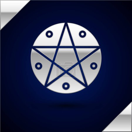 Silver Pentagram in a circle icon isolated on dark blue background. Magic occult star symbol.  Vector Illustration