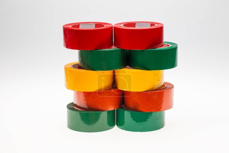 Colorful sellotape, scotch, packing tape and duct tape. Collection set of colorful adhesive tape or blank stickers for text on white background.