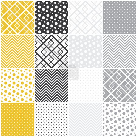 geometric seamless patterns: squares, polka dots, chevron