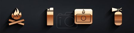 Set Campfire, Lighter, Fire alarm system and Fire extinguisher icon with long shadow. Vector.