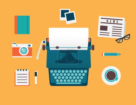 Vector flat illustration of workplace of typewriter with documents and equipment for blog. Old journalism theme