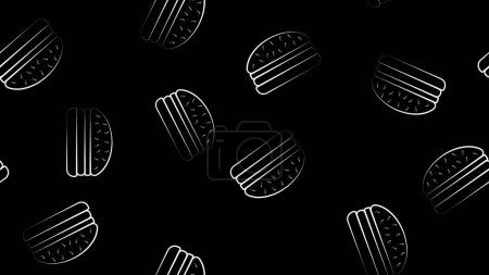 Fast food pattern with white burgers on black background. Cute cartoon hamburgers texture for fastfood banner, textile, wrapping paper, package, cover